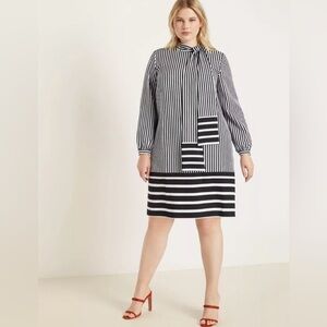 Eloquii Printed Tie Collar Dress, Size 14, White Stripe Color Block